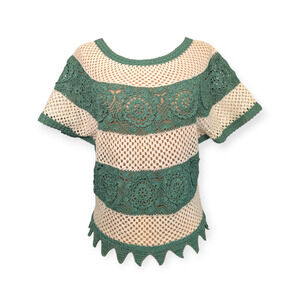 Cream & Sage Vintage Cotton Crochet Top ~ Shanghai Handmade Small